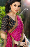Net Faux Chiffon Saree - Silky Hot Pink and Golden - Boutique4India Inc.