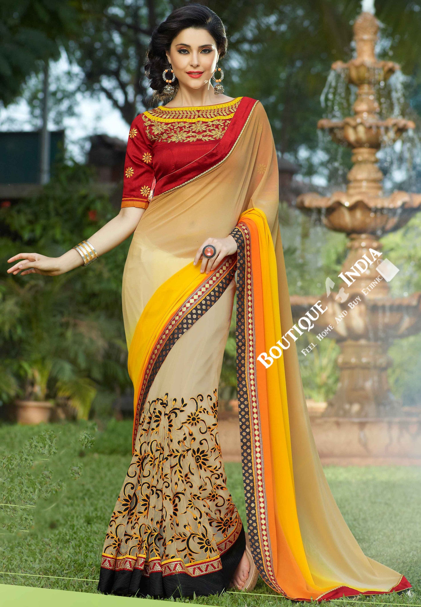 Net Faux Chiffon Saree with Orange Shades, Red and Golden - Boutique4India Inc.