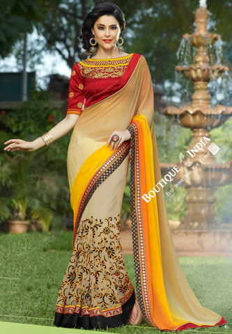 Net Faux Chiffon Saree with Orange Shades, Red and Golden - Boutique4India Inc.