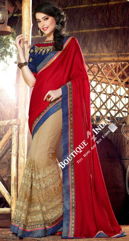 Net Faux Chiffon Saree - Blue Maroon Ruby Red and Golden - Boutique4India Inc.