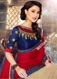 Net Faux Chiffon Saree - Blue Maroon Ruby Red and Golden - Boutique4India Inc.