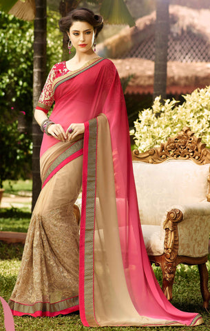 Net Faux Chiffon Saree with Elegant Pink and Golden - Boutique4India Inc.