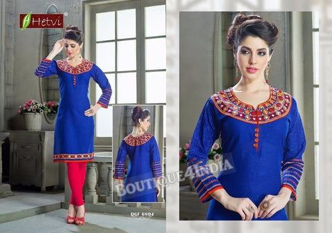 Blue Cotton 3/4 sleeves Slub Kurti 