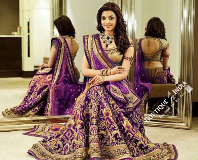 Gorgeous Bridal Lehnga - Purple And Golden  Semi Stitched Bridal Lehnga With Embroidery Peal And Jhumka Work. Stunning Collections For Wedding, Party, Festival, Special Occasion - Semi Stitched, Blouse - Ready to Stitch - Boutique4India Inc.