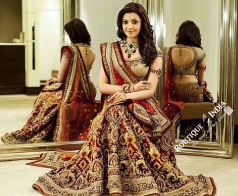 Gorgeous Bridal Lehnga - Maroon And Golden Semi Stitched Bridal Lehnga With Embroidery Peal And Jhumka Work. Stunning Collections For Wedding, Party, Festival, Special Occasion - Semi Stitched, Blouse - Ready to Stitch - Boutique4India Inc.