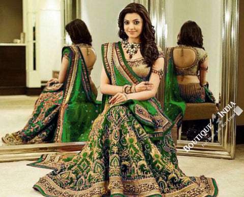 Gorgeous Bridal Lehnga - Green And Golden Semi Stitched Bridal Lehnga With Embroidery Peal And Jhumka Work. Stunning Collections For Wedding, Party, Festival, Special Occasion - Semi Stitched, Blouse - Ready to Stitch - Boutique4India Inc.