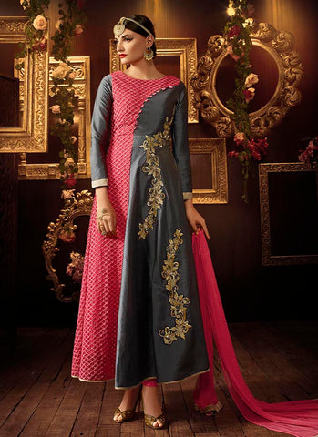 Pink grey taffeta silk anarkali suit