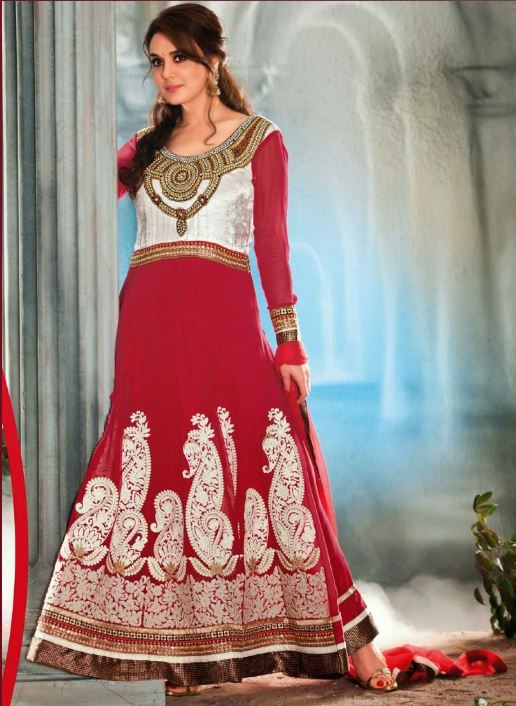 Red net embroidered work party wear anarkali suit