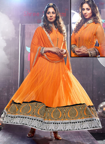 Orange Net Lace Border Work Anarkali Suit