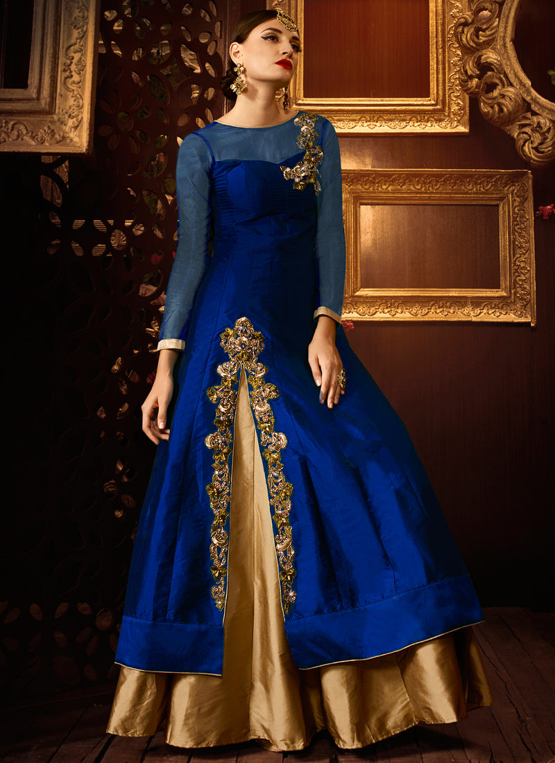 Blue taffeta silk party wear khatli work anarkali suit