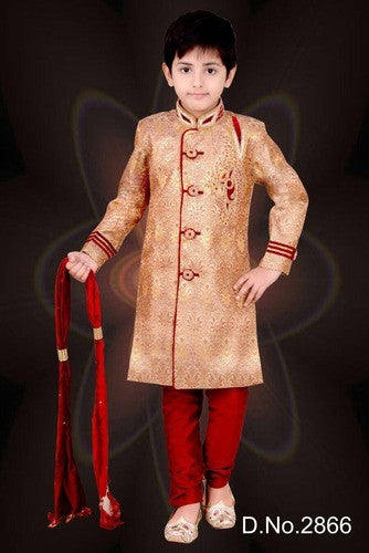 Boy's - Cream  White, Golden And Maroon Sherwani Suits - Boy's Party And Wedding Collection Sherwani Suits For Special Occasions - Boutique4India Inc.