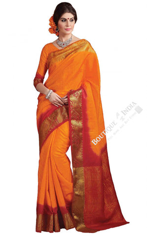 Jacquard Silk Saree in Orange, Maroon and Golden - Boutique4India Inc.