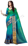 Jacquard Silk Saree in Turquoise, Blue and Golden Jarri - Boutique4India Inc.
