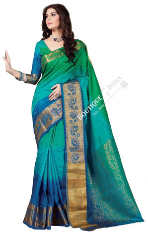Jacquard Silk Saree in Turquoise, Blue and Golden Jarri - Boutique4India Inc.