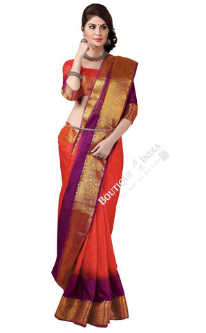Jacquard Silk Saree in Orange, Purple and Golden Jarri - Boutique4India Inc.