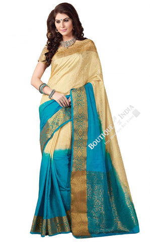 Jacquard Silk Saree in Blue, Cream and Golden Jarri - Boutique4India Inc.