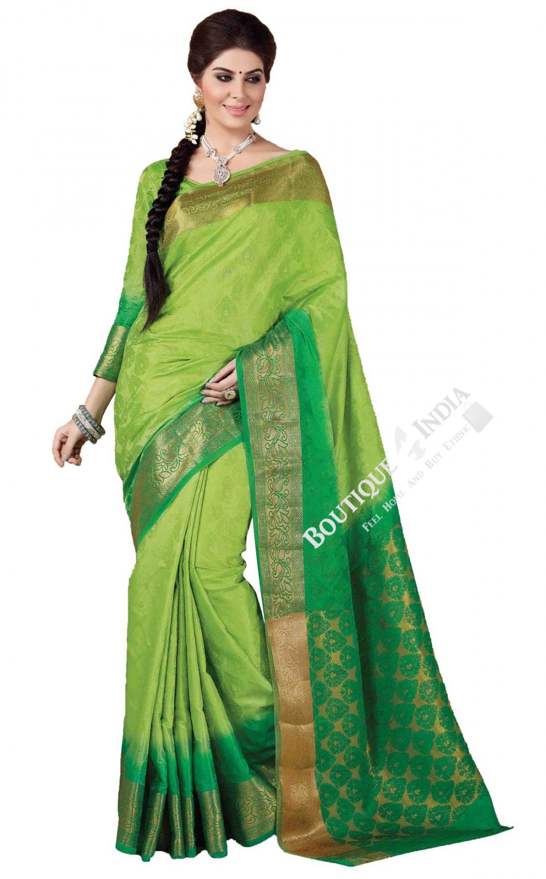 Jacquard Silk Saree in Light and Dark Green - Boutique4India Inc.