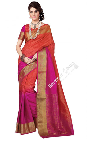 Jacquard Silk Saree in Orange, Marron and Golden - Boutique4India Inc.