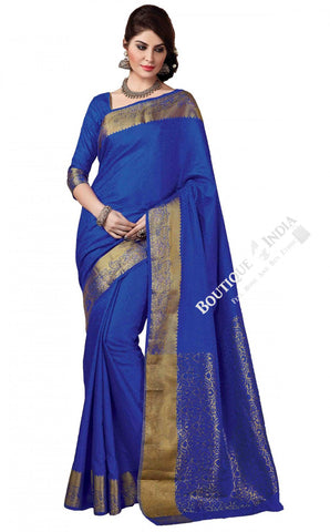 Jacquard Silk Saree in Blue and Golden - Boutique4India Inc.