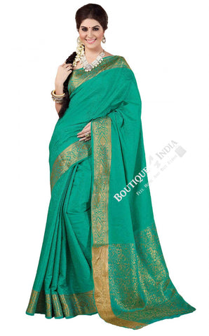 Jacquard Silk Saree in Turquoise with Golden Jarri - Boutique4India Inc.