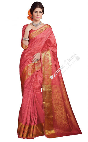 Jacquard Silk Saree in Pink and Golden Jarri - Boutique4India Inc.