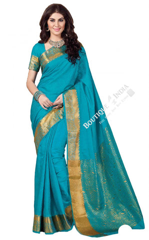 Jacquard Silk Saree in Blue and Golden Jarri - Boutique4India Inc.
