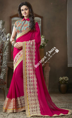 Net and Chiffon Silk Saree in Hot Pink and Golden - Boutique4India Inc.