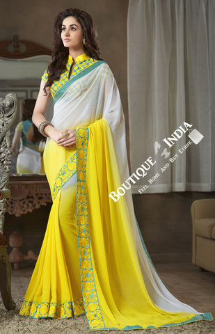 Net and Chiffon Silk Saree in Yellow and Blue - Boutique4India Inc.