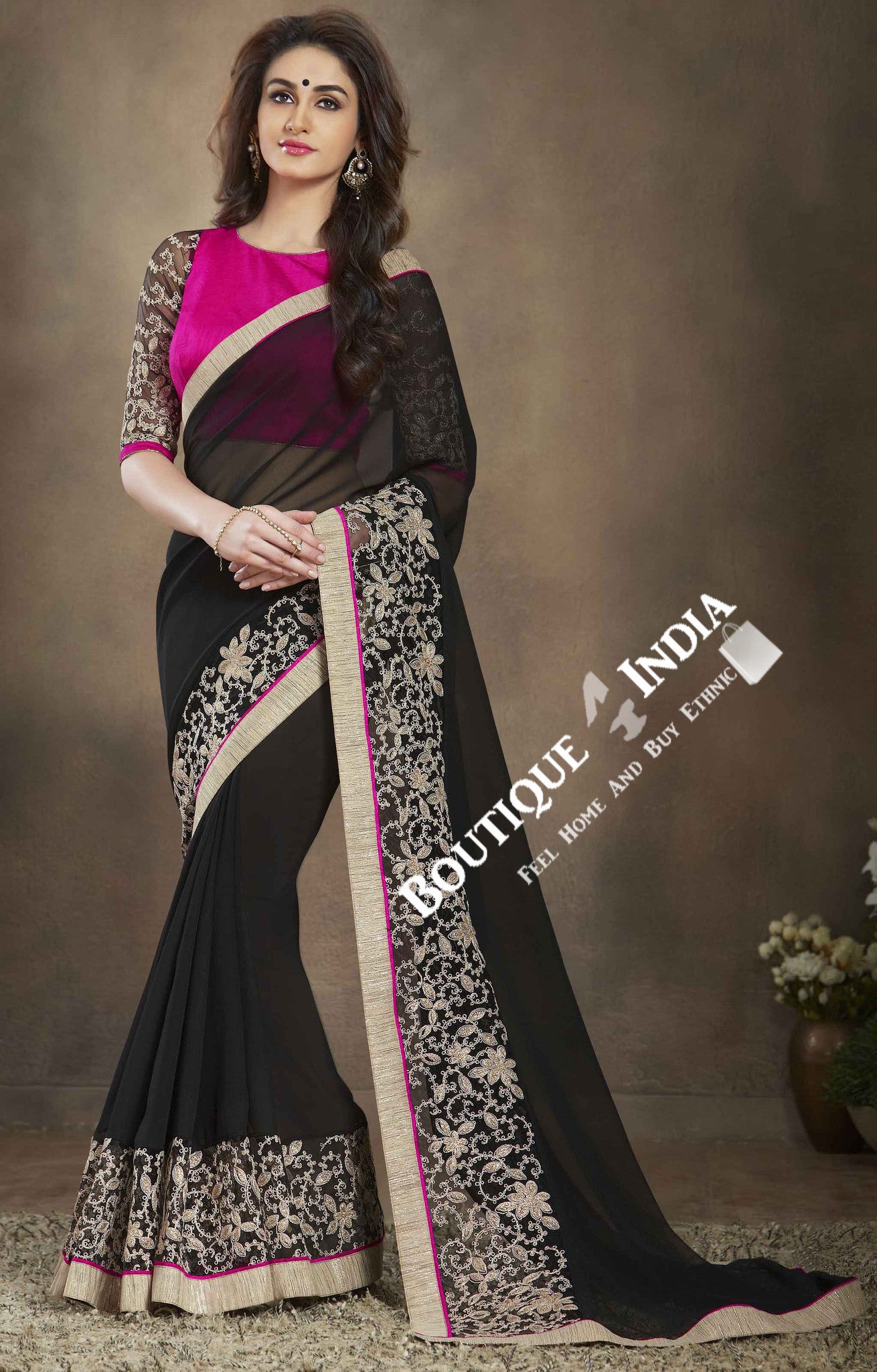 Net and Chiffon Silk Saree in Black and Pink - Boutique4India Inc.
