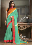 Net and Chiffon Silk Saree in Turquoise, Orange and Pink - Boutique4India Inc.