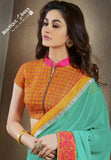 Net and Chiffon Silk Saree in Turquoise, Orange and Pink - Boutique4India Inc.