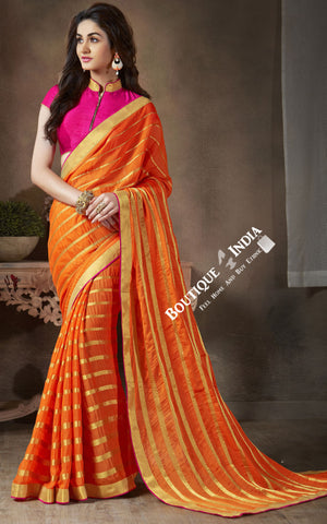 Net and Chiffon Silk Saree in Orange, Pink And Golden - Boutique4India Inc.