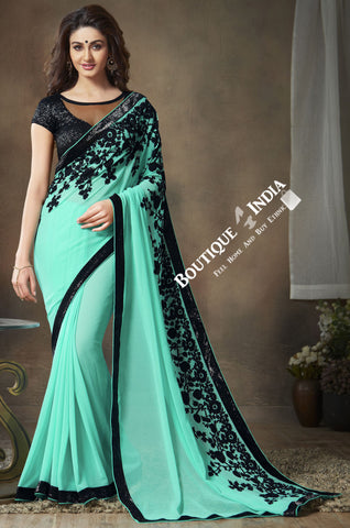 Net and Chiffon Silk Saree in Blue and Black - Boutique4India Inc.