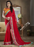 Net Chiffon and Silk Saree with Pink Blue and Orange - Boutique4India Inc.