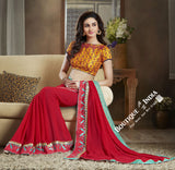 Net Chiffon and Silk Saree with Pink Blue and Orange - Boutique4India Inc.