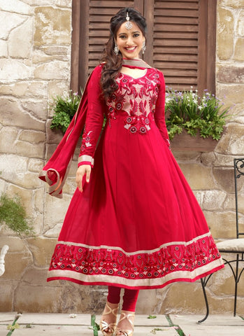 Red Georgette Casual Wear Churidar Suit