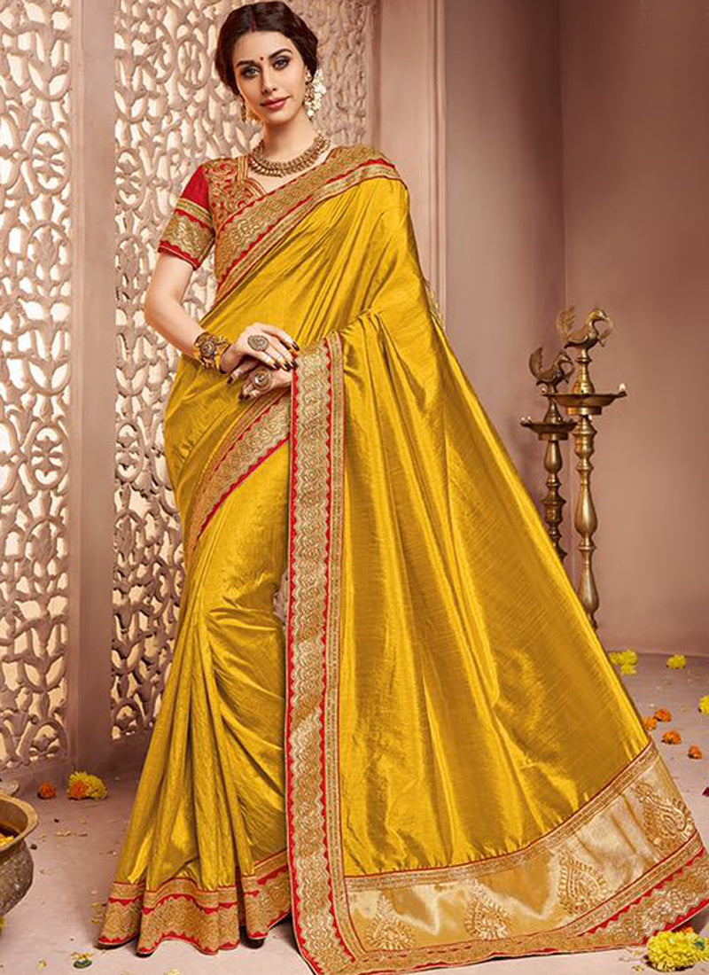 Golden Art Silk Party Wear Heavy Embroidered Saree