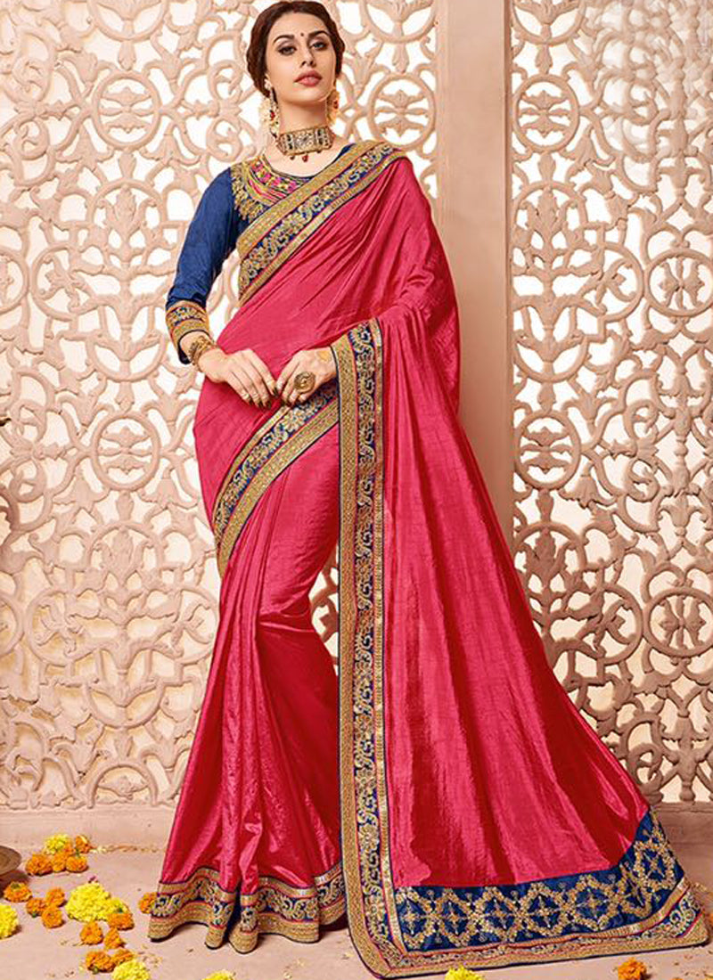 Mild Red Art Silk Party Wear Heavy Embroidered Saree