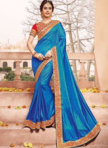 Sky blue Art Silk Party Wear Heavy Embroidered Saree