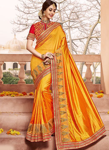 Orangish Gloden Art Silk Party Wear Heavy Embroidered Saree