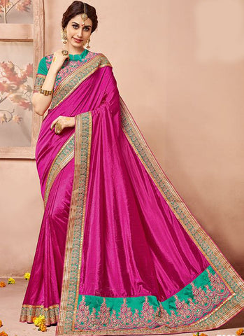 Pink Art Silk Party Wear Heavy Embroidered Saree