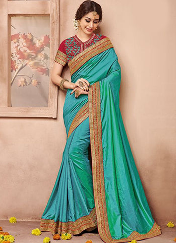 Turquoise Art Silk Party Wear Heavy Embroidered Saree
