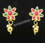 Antique gold styled and green kemp haaram Indian necklace and jhumkis