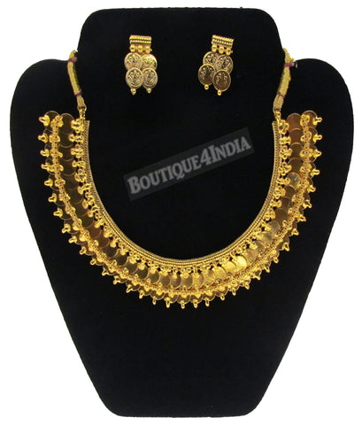 Two layered coin ginni gold plated temple antique necklace earring set