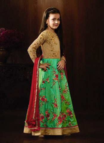 Girl's green raw silk Embroidered Anarkali Suit
