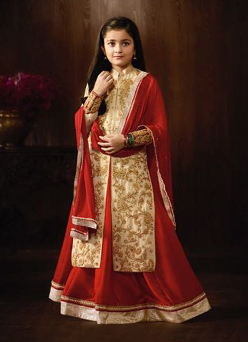 Girl's Beige Raw Silk Embroidered Anarkali Suit