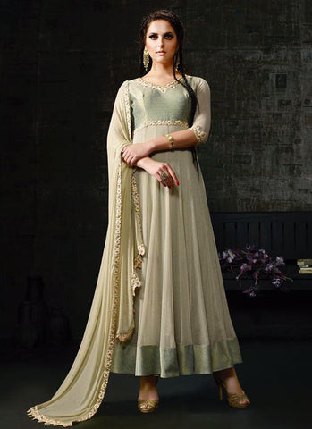 Light Green Banarasi Silk Embroidered Anarkali Suit