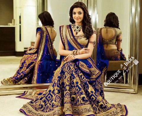 Gorgeous Bridal Lehnga - Royal Blue And Golden Semi Stitched Bridal Lehnga With Embroidery Peal And Jhumka Work. Stunning Collections For Wedding, Party, Festival, Special Occasion - Semi Stitched, Blouse - Ready to Stitch - Boutique4India Inc.