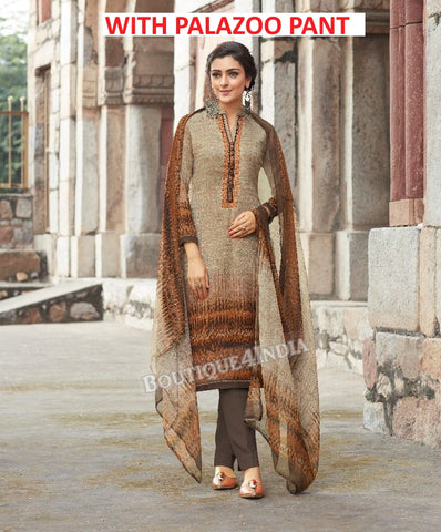 Brown Printed Pashmina Palazoo Suit
