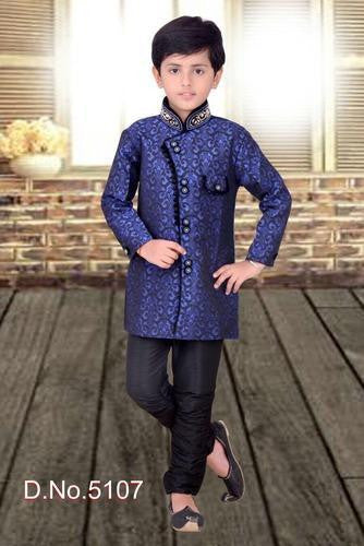 Boy's - Royal Blue And Goldenish Cream  Sherwani Suits - Boy's Party And Wedding Collection Sherwani Suits For Special Occasions - Boutique4India Inc.